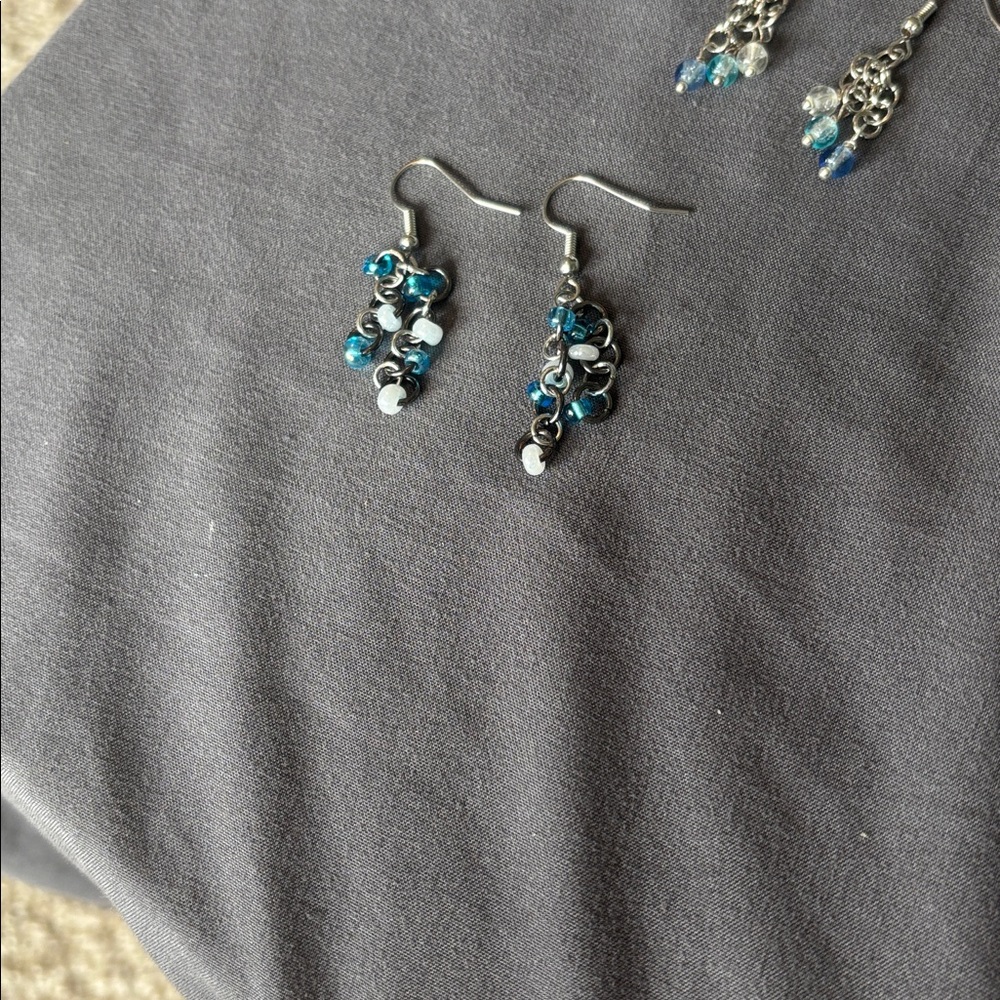 Silver and Blue Beaded Dangle Earrings- hand crafted - Picture 10 of 12